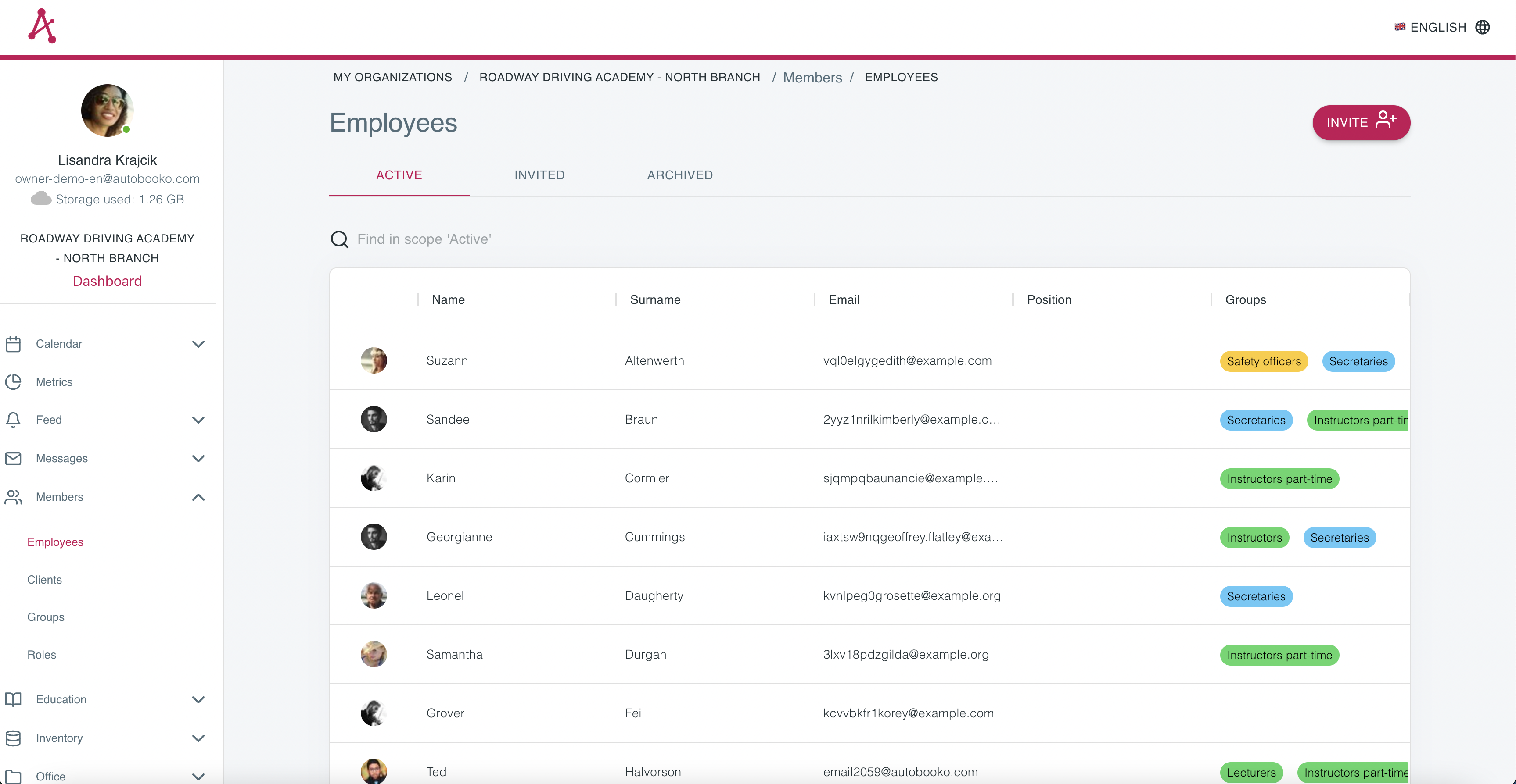 List of active/archived/invited employees in separate tabs along with their groups