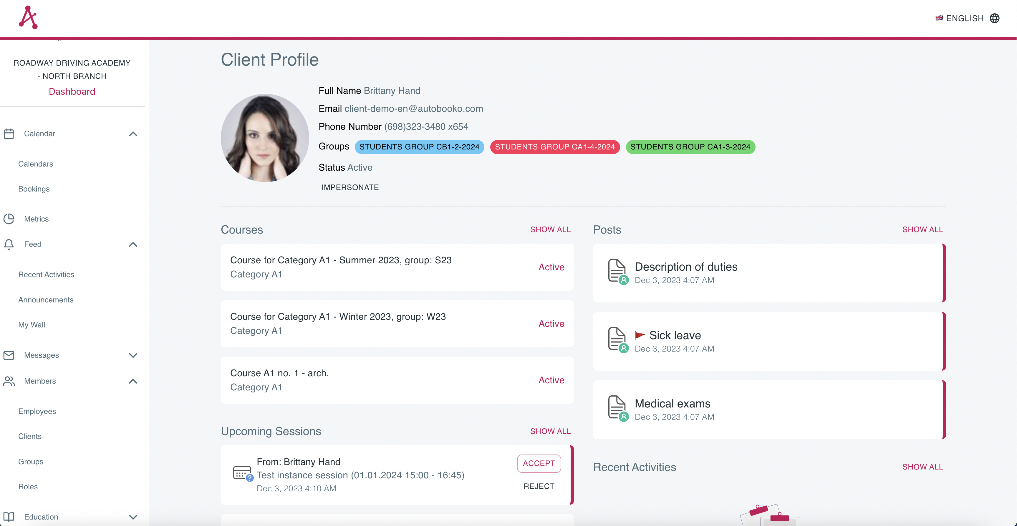 Client profile webpage with personal data, posts, recent activities, related courses, upcoming sessions