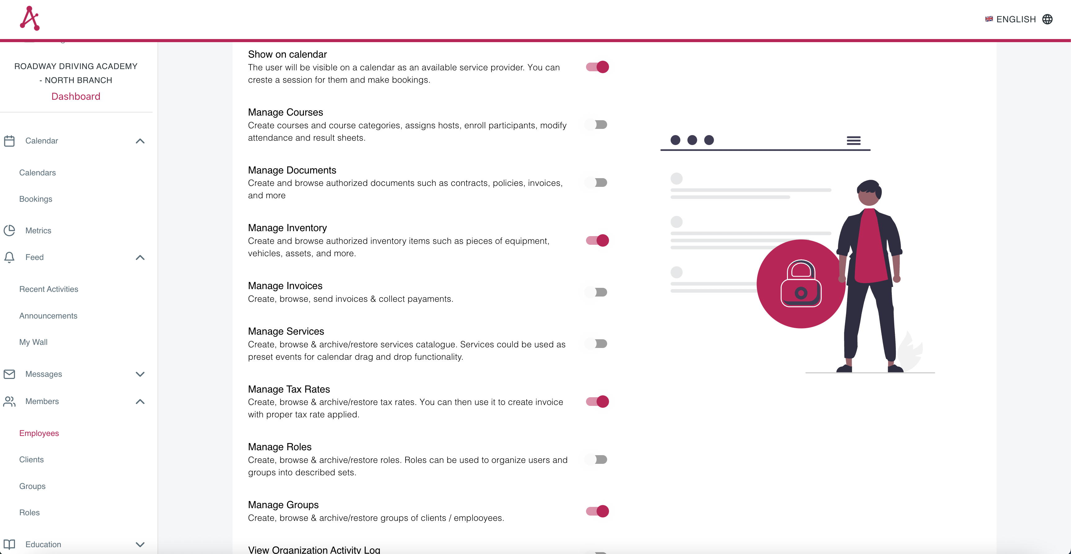 Form with a list of different privileges and a toggle button allowing to grant/revoke a given privilege