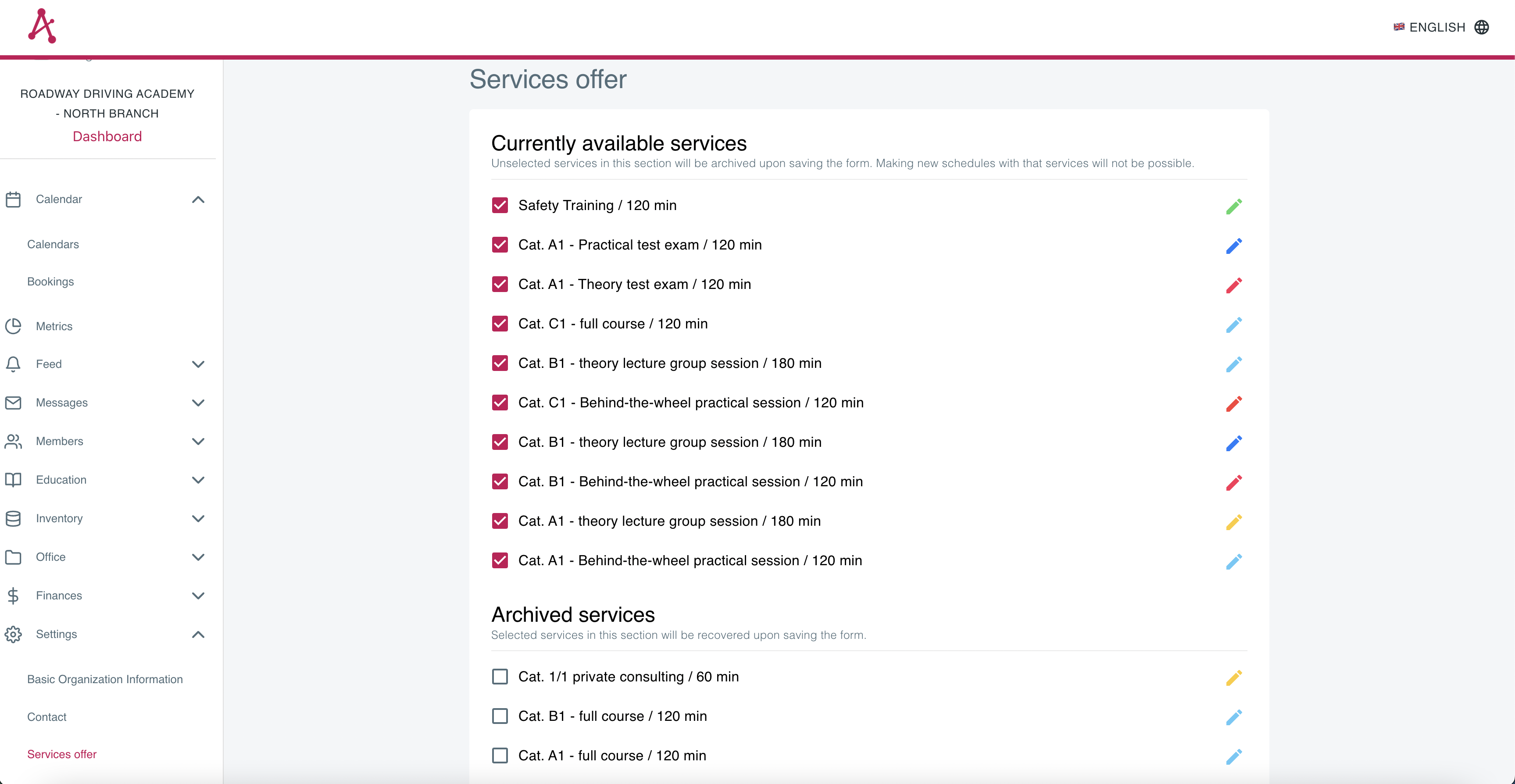 Enumerated services with the option to activate/deactivate and edit